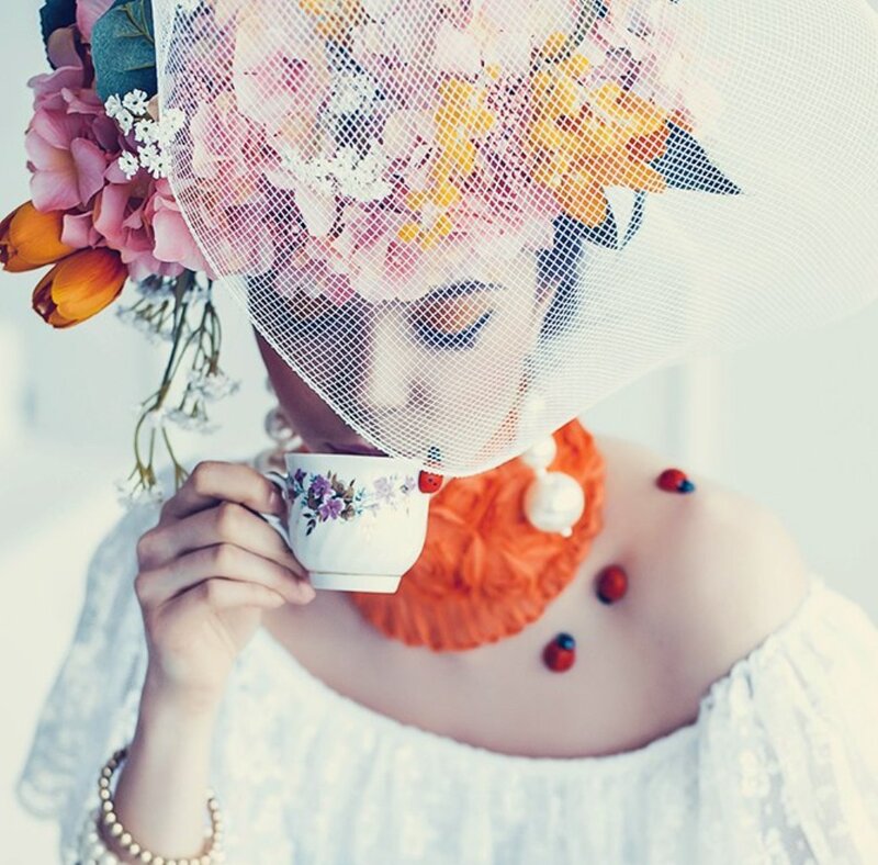 Woman with Floral Hat — White, Dreamy, Photograph