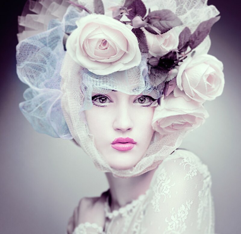 Woman with Floral Hat — White