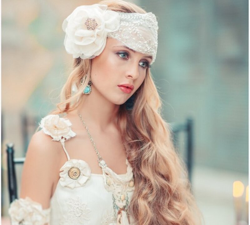 Woman with Floral Headband — White, Serene, Photograph