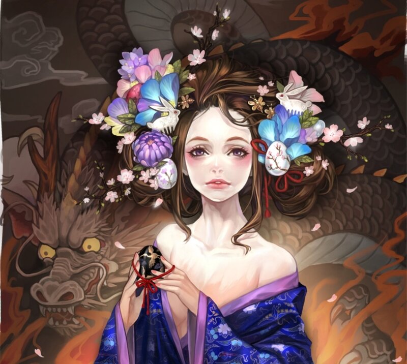 Woman with Floral Headdress — Blue, Dramatic, Spring