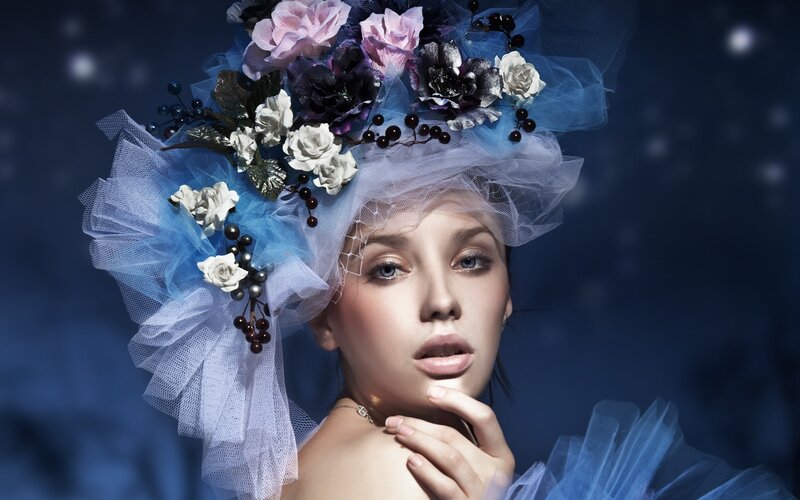 Woman with Floral Headdress — Blue, Dramatic