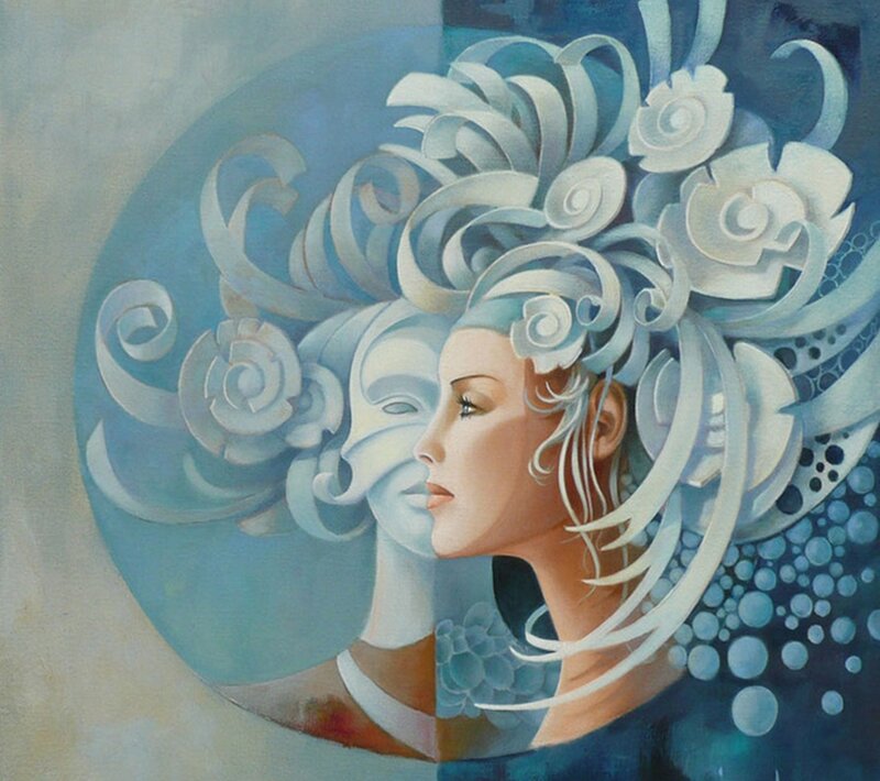 Woman with Floral Headdress — Blue, Serene