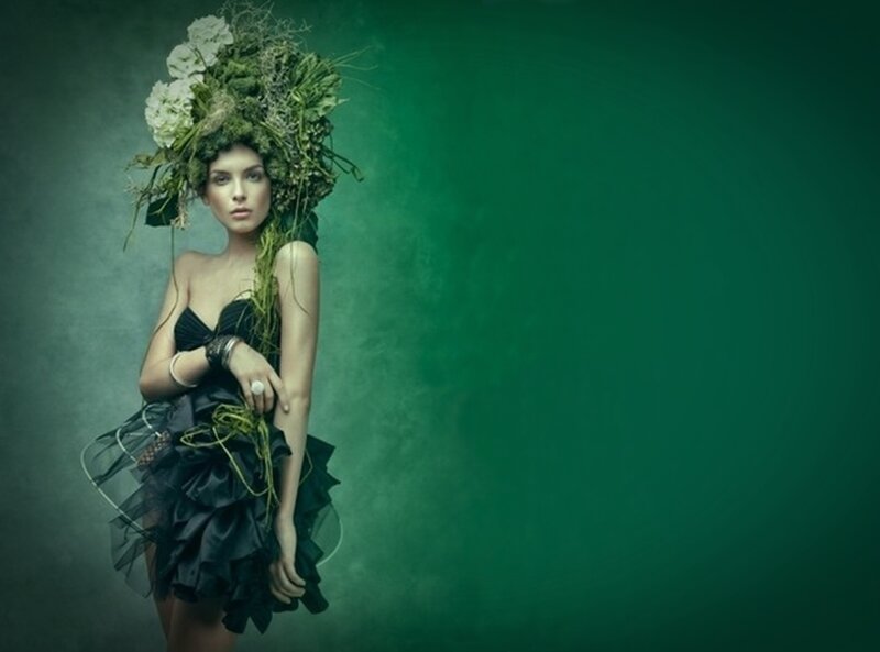 Woman with Floral Headdress — Green, Dramatic