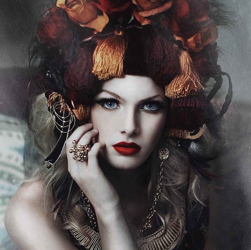 Woman with Floral Headdress — Red, Dramatic