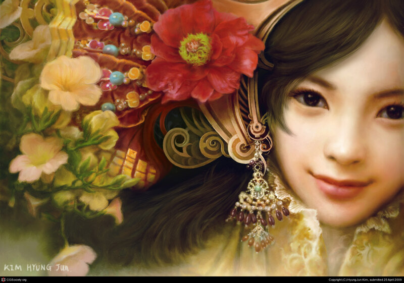 Woman with Floral Headdress — Red, Serene