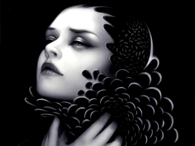 Woman with Floral Headpiece — Black, Dramatic, Digital Art