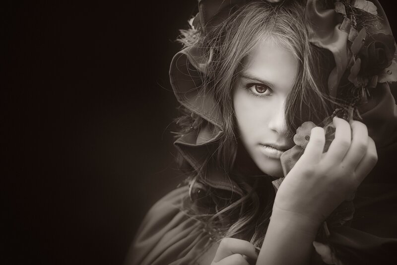 Woman with Floral Headpiece — Black, Dramatic, Photograph, Flowers