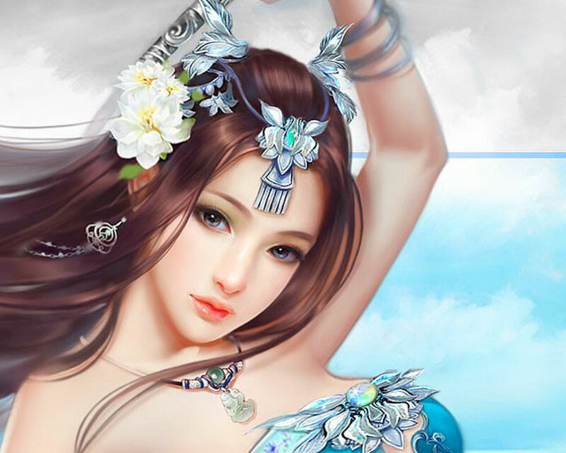 Woman with Floral Headpiece — Blue, Serene, Digital Art