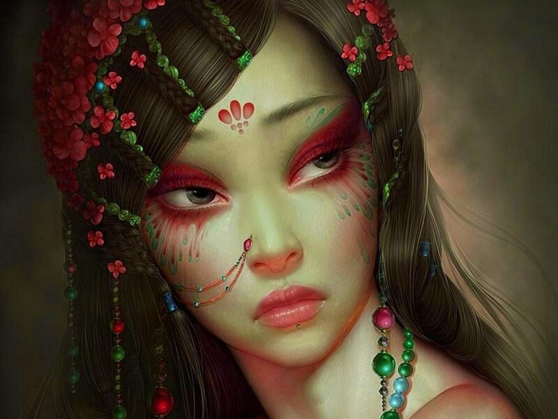 Woman with Floral Headpiece — Green
