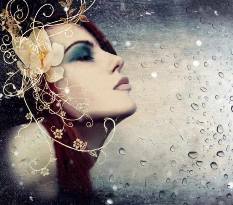woman with floral headpiece in rain