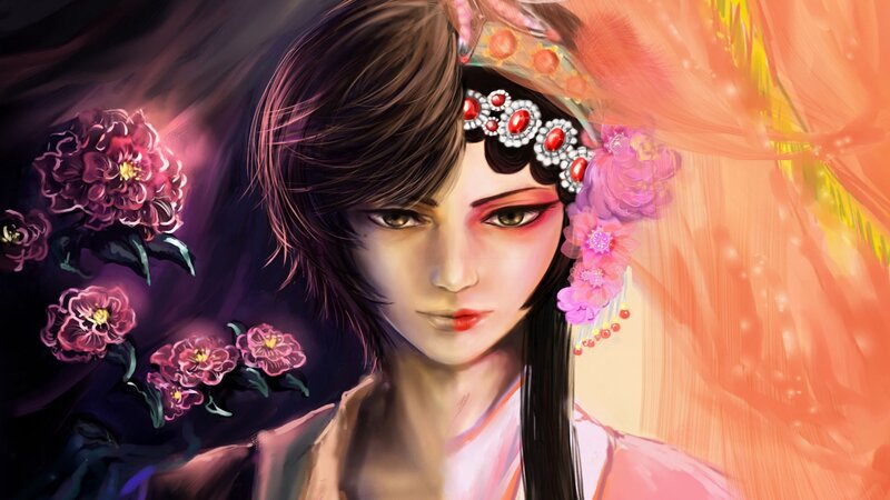 Woman with Floral Headpiece — Pink, Dramatic, Digital Art, Flowers