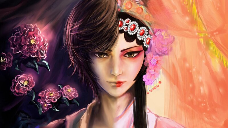 Woman with Floral Headpiece — Pink, Dramatic, Digital Art
