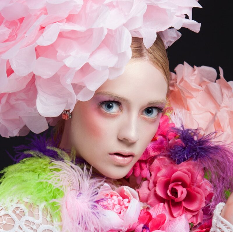 Woman with Floral Headpiece — Pink, Dramatic, Photograph, Flowers, Feathers