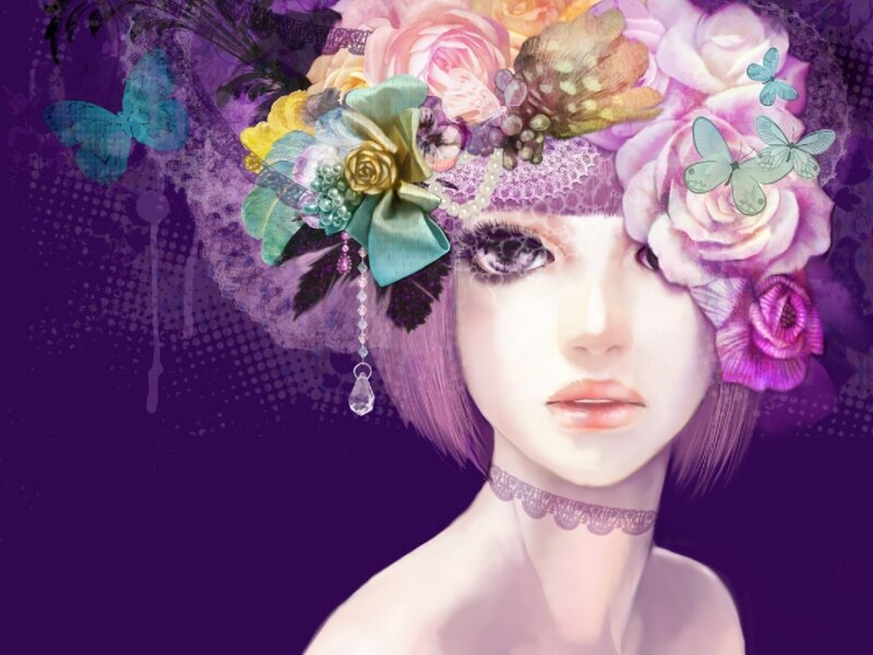 Woman with Floral Headpiece — Purple, Dreamy, Digital Art