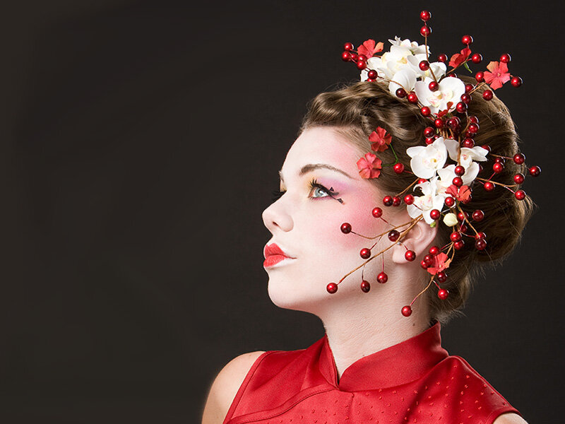 Woman with Floral Headpiece — Red, Dramatic