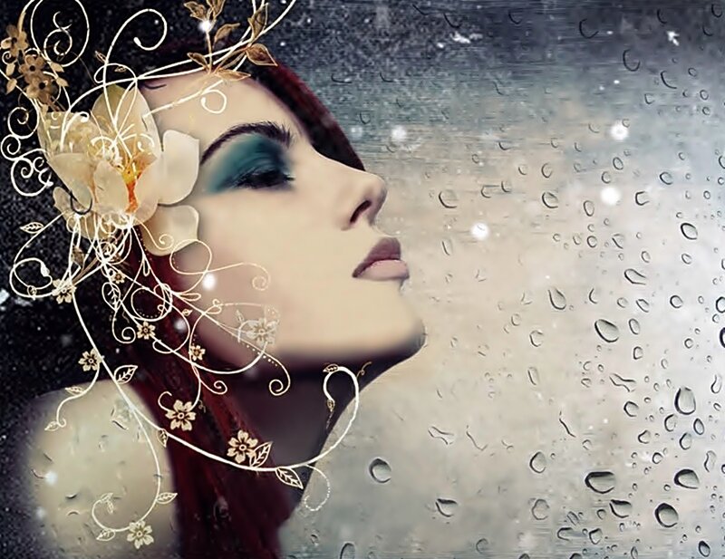Woman with Floral Headpiece — White, Dramatic, Digital Art