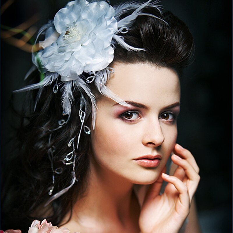Woman with Floral Headpiece — White, Dramatic, Photograph, Flower