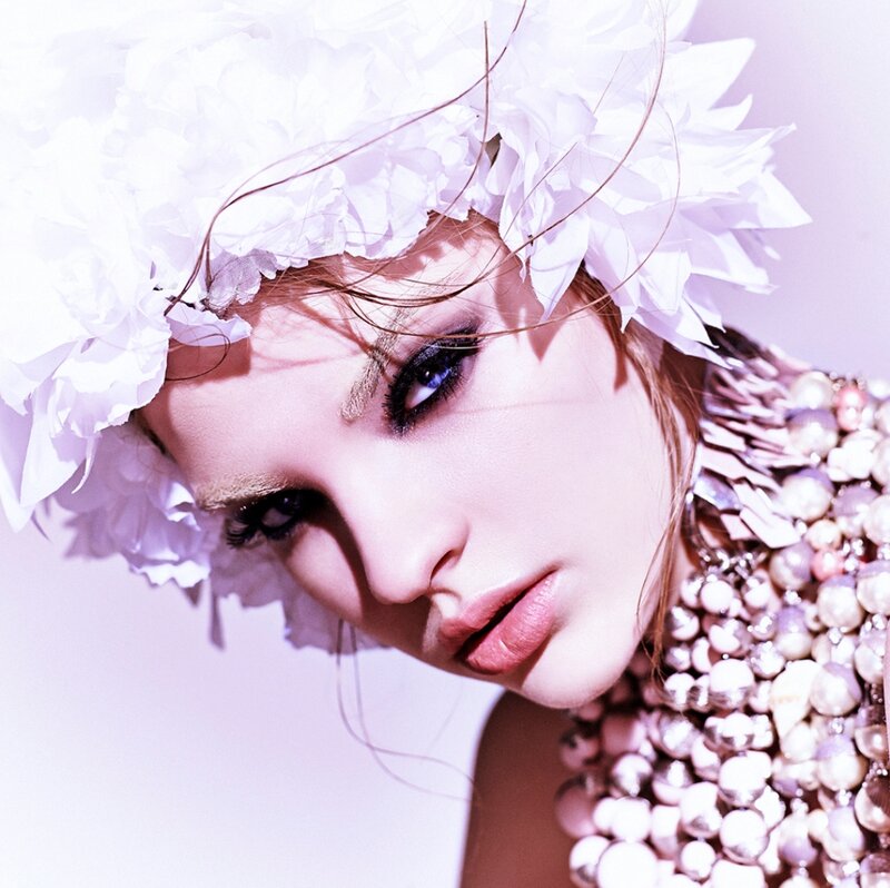 Woman with Floral Headpiece — White, Dramatic, Photograph, Flowers, Makeup