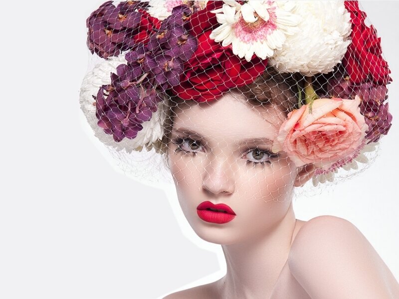 Woman with Floral Headpiece — White, Dramatic, Photograph, Flowers