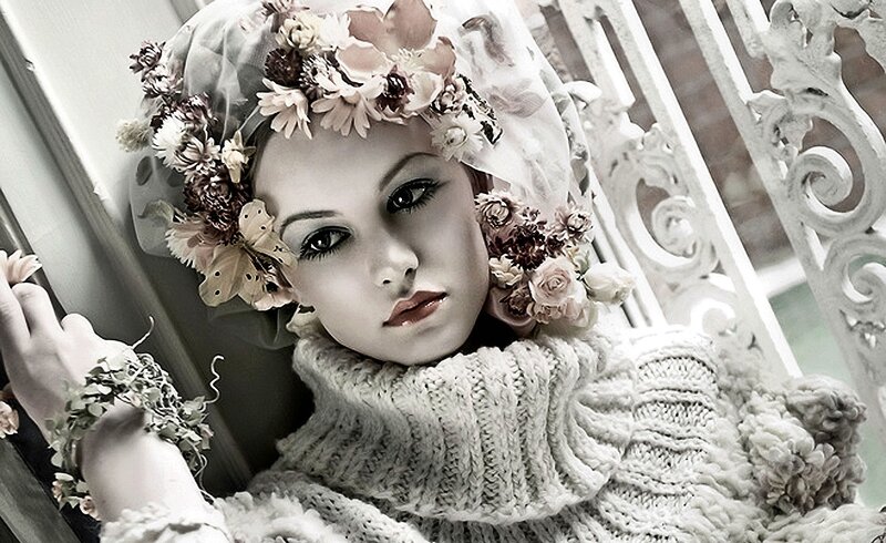 Woman with Floral Headpiece — White, Dramatic, Photograph