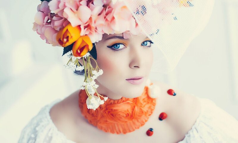Woman with Floral Headpiece — White, Dreamy, Photograph