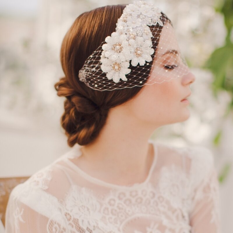 Woman with Floral Headpiece — White, Serene, Photograph