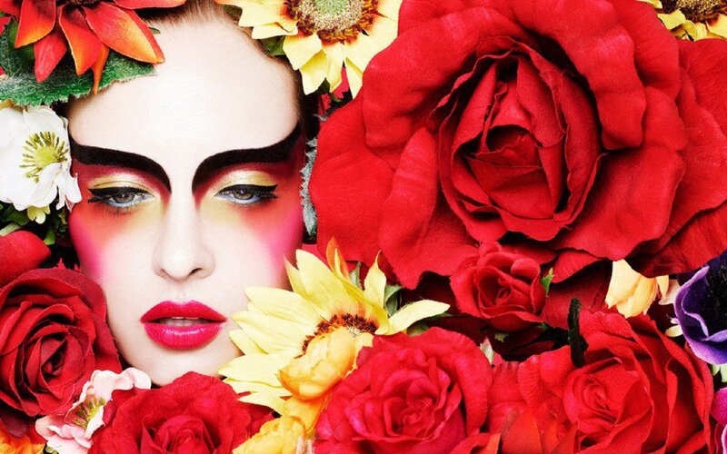 Woman with Floral Makeup — Red, Dramatic