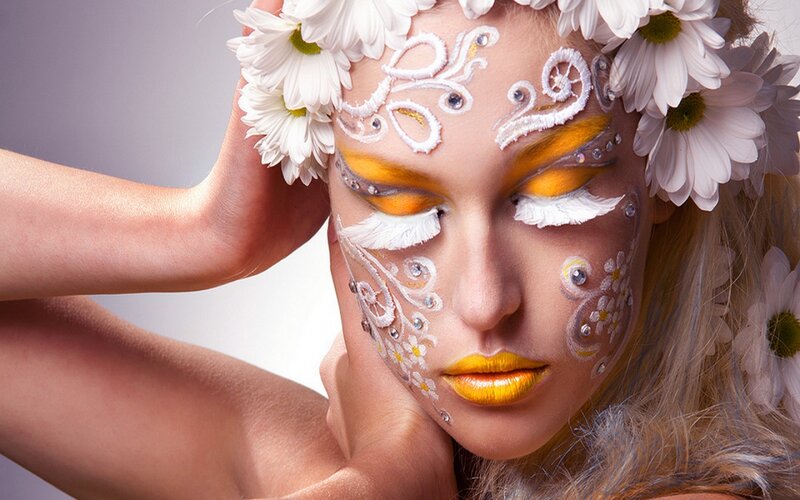 Woman with Floral Makeup — White