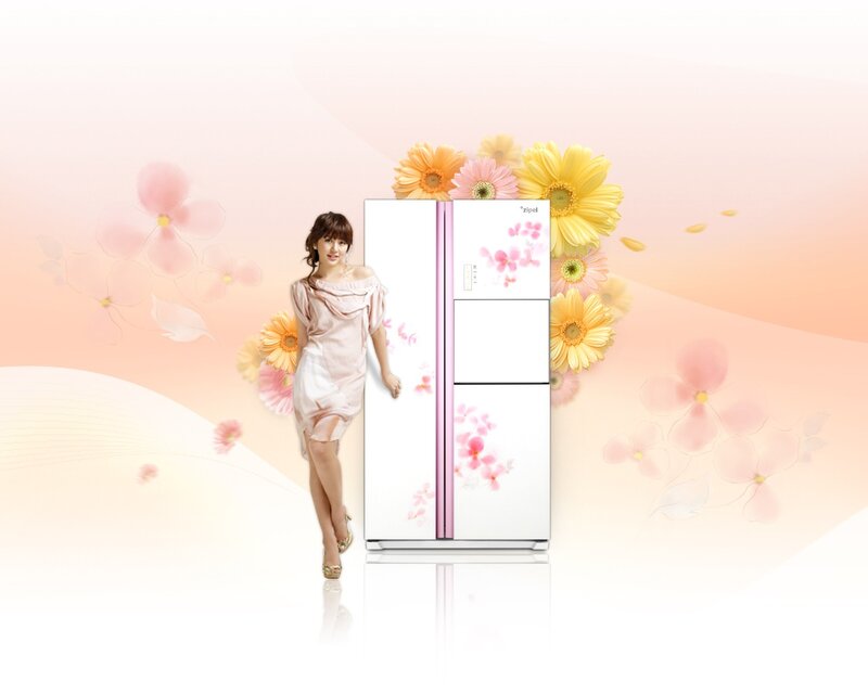 woman with floral refrigerator