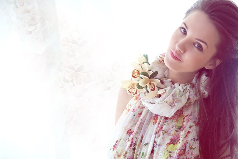 woman with floral scarf