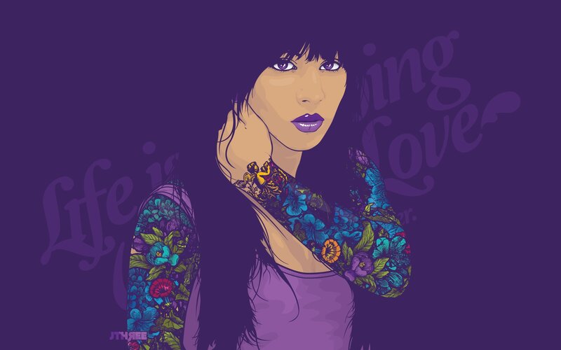 Woman with Floral Tattoos — Purple, Confident, Digital Art
