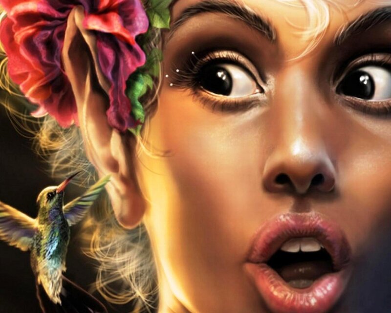woman with flower and hummingbird