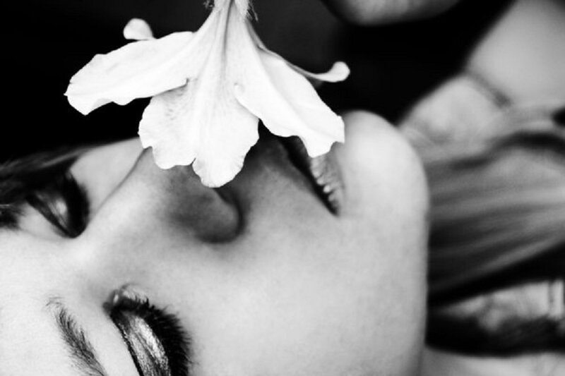 Woman with Flower — Black, Dramatic, Photograph, Face