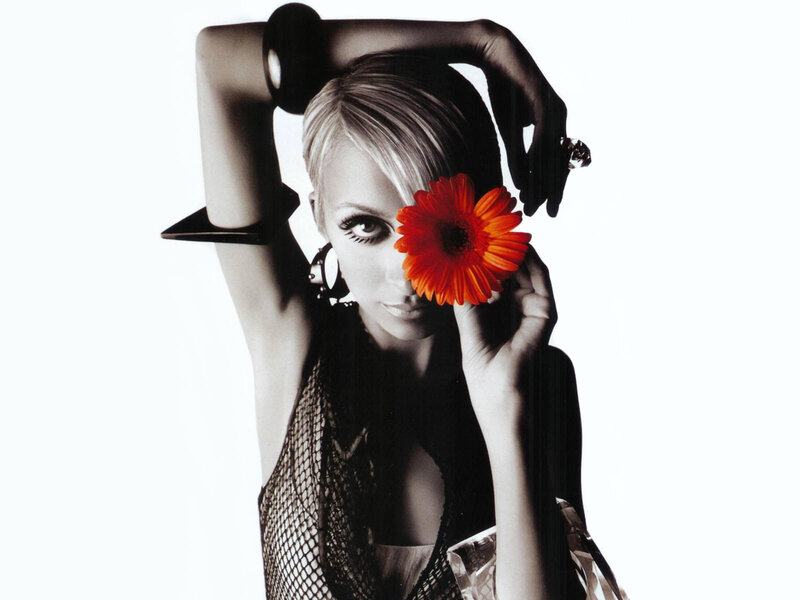 Woman with Flower — Black, Dramatic, Photograph, Fishnet Top