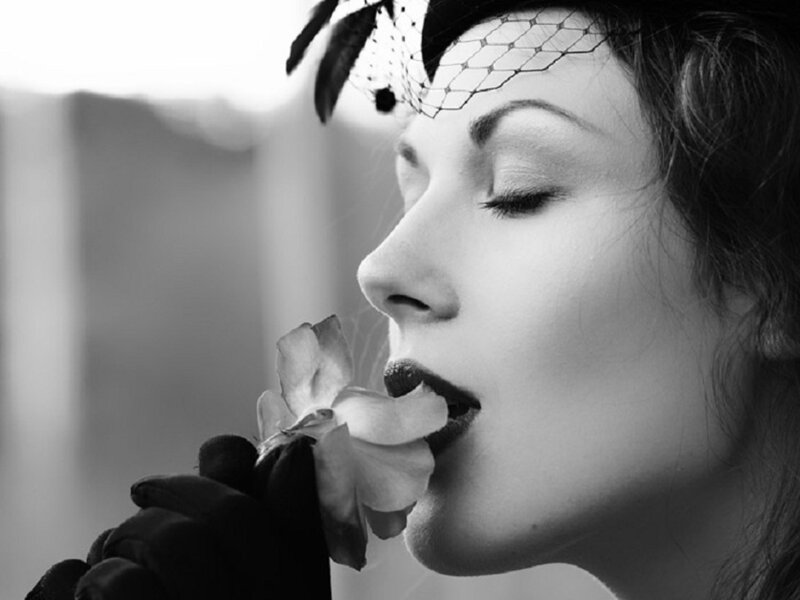 Woman with Flower — Black, Dramatic, Photograph, Gloves