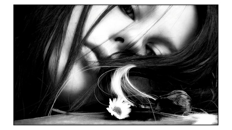 Woman with Flower — Black, Dramatic, Photograph, Hair