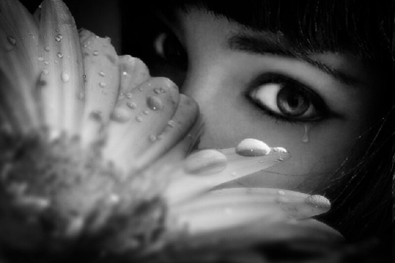Woman with Flower — Black, Dramatic, Photograph, Tear