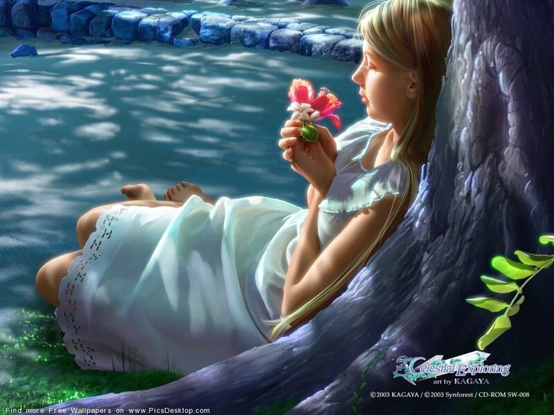 Woman with flower by water