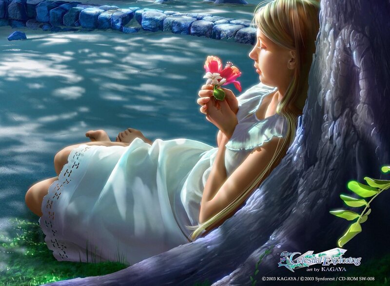 woman with flower by water