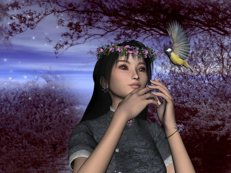 woman with flower crown and bird