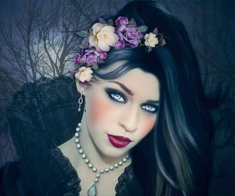 Woman with Flower Crown — Black, Dramatic, Night, Digital Art