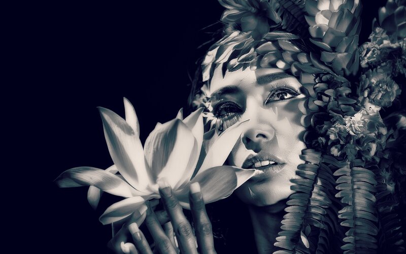 Woman with Flower Crown — Black, Dramatic, Night, Photograph