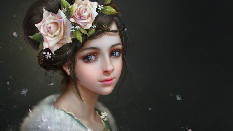 Woman with Flower Crown — Black, Serene, Digital Art, Flowers