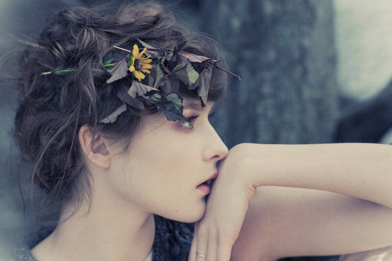 Woman with Flower Crown — Blue, Contemplative