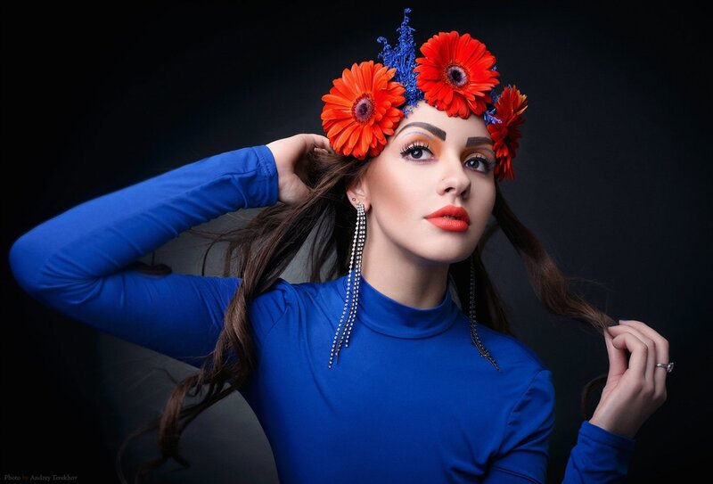 Woman with Flower Crown — Blue, Dramatic, Photograph, Flowers, Earrings