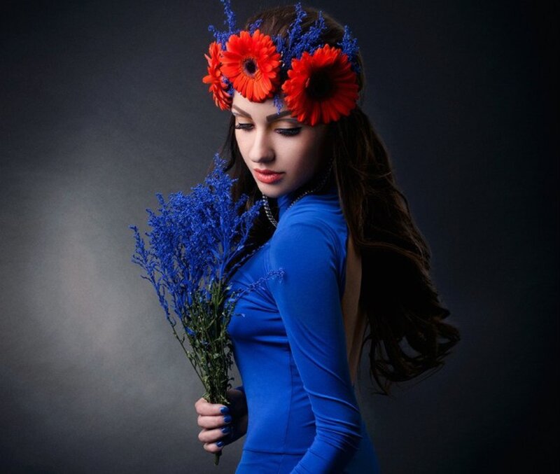 Woman with Flower Crown — Blue, Dramatic, Photograph
