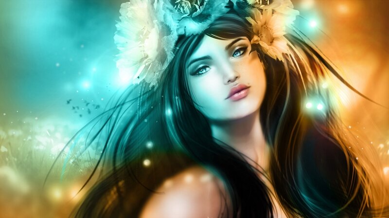 Woman with Flower Crown — Blue, Dreamy, Digital Art, Flowers