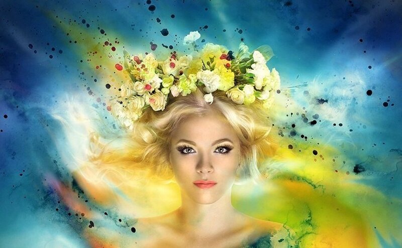 Woman with Flower Crown — Blue, Dreamy, Digital Art