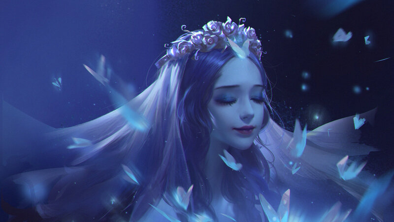 Woman with Flower Crown — Blue, Serene, Night, Digital Art, Flowers