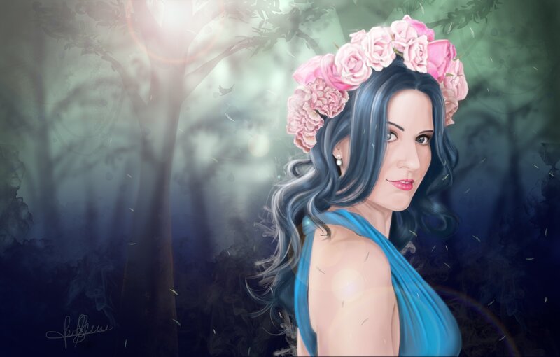 Woman with Flower Crown — Blue, Serene, Night, Digital Art